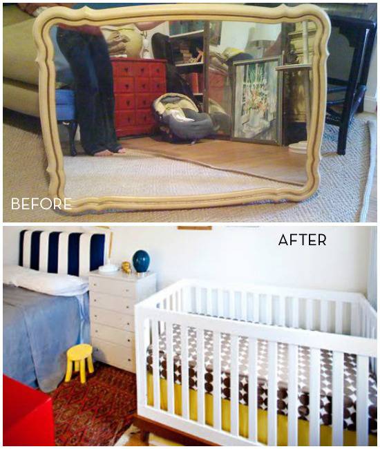 A nursery in white with a before and after