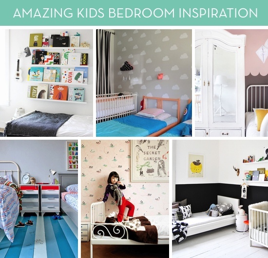 A child's room organized with different furniture and shelving.