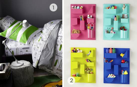 A bedroom with four different kids decor pieces in different colors.