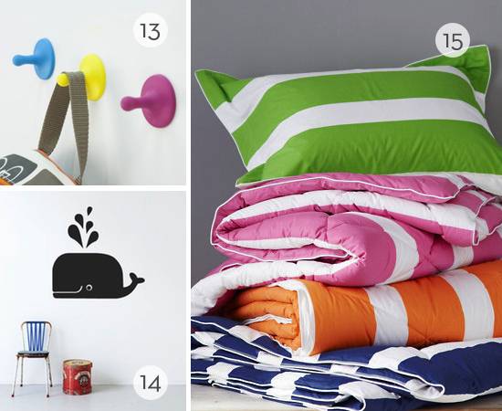 Colorful bedding, wall hooks, and a chair are ideas for decorating.