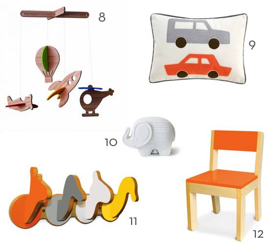 Different types of decor including a chair, an animal shaped coat hanger, a toy elephant, car pillow, etc.