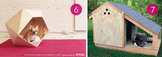 Dog houses of different shapes have been built out of wood and shingles.