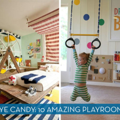 A bedroom on the left with a white bed and stripes everywhere and a room on the right with a hanging toy and dream big sign.