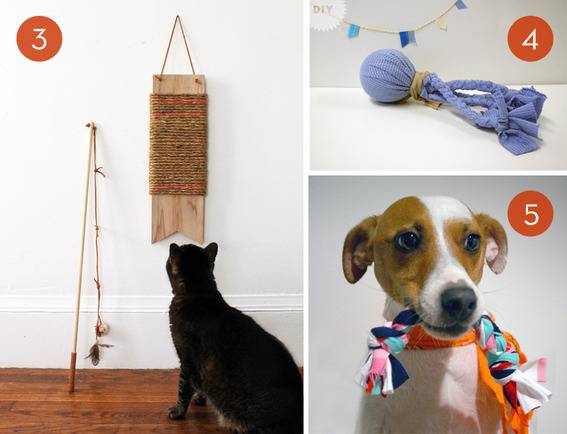 Pet toys in display, both for cats and dogs.