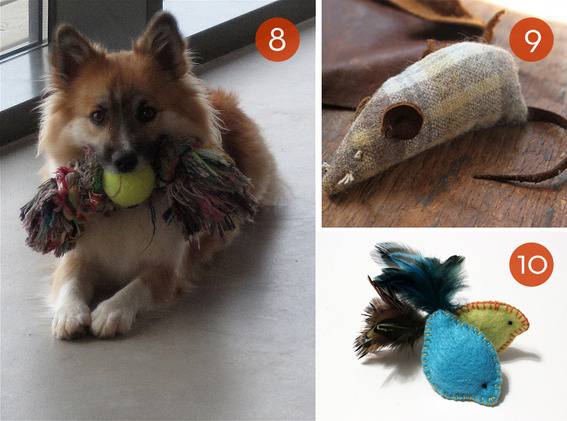 Homemade dog and cat toys, a dog chewing on a toy.
