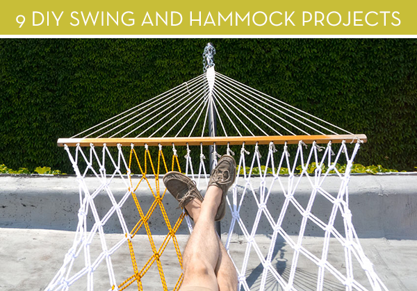 A pair of legs laying in a hammock with a yellow stripe.