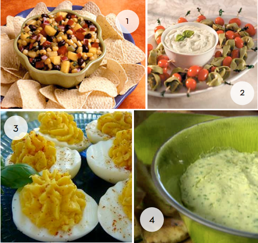 Deviled eggs and dips are party food.