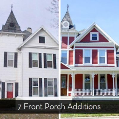Two pictures show a white house next to a burgundy house.