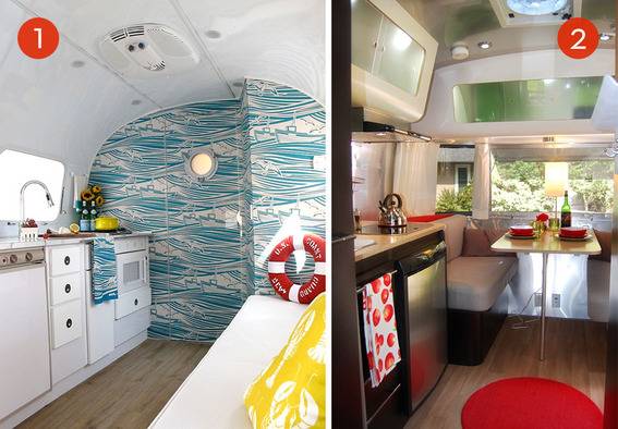 The inside of an rv, with a mainly white design.