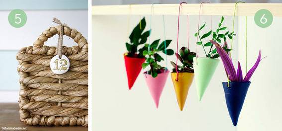 A wicker basket with a handle and hanging conical plant pots have a similar style.
