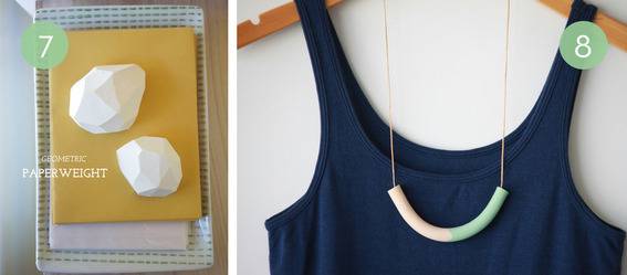 Paper weights and a necklace are made of simple geometric shapes.