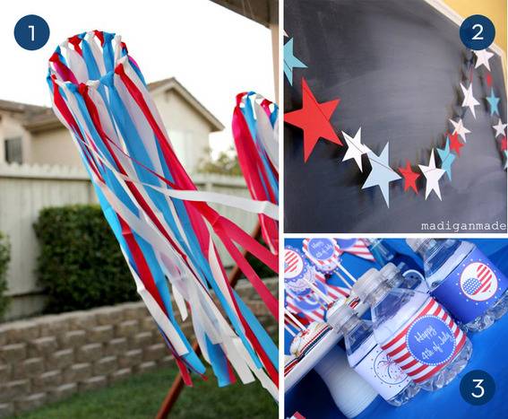 A red, white and blue wind sock, a red, white and blue string of paper stars, and red, white and blue water bottles.