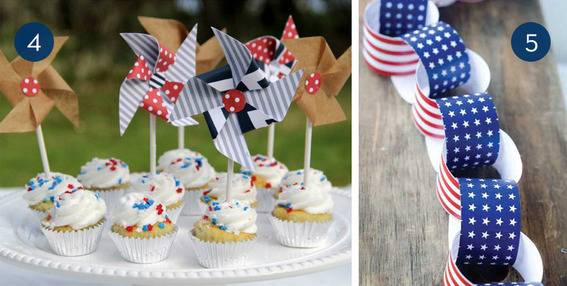 A series of America themed decorations and cupcakes.