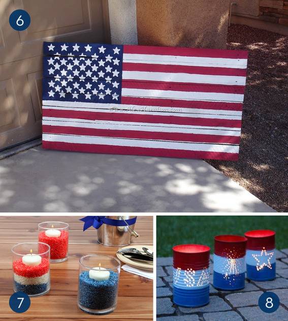 American flag painted on wood pallet above fourth of July votive candle holders.