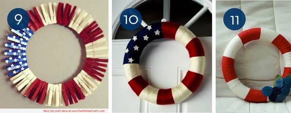 American flag themed wreath made of clothespins next to an American flag themed wreath made of ribbon.