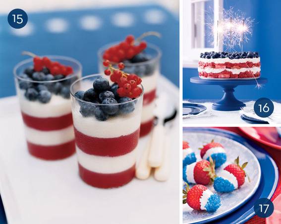 A red, white, and blue parfait in three glasses, a red, white blue cake on a blue cake plate with sparklers on top and a plate of red, white and blue strawberries.