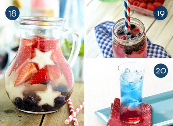 Cut up berries and stars inside glass pitcher next to swirled straws on table.