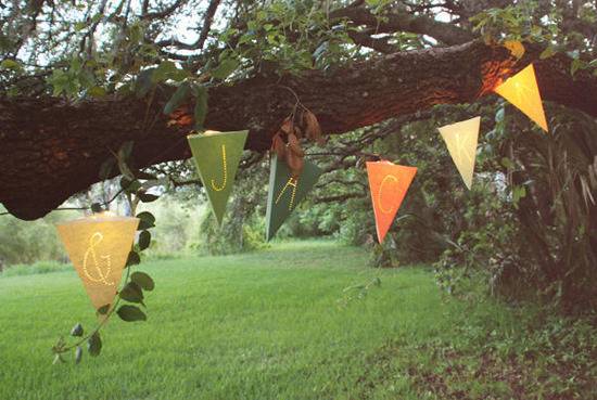 Colorful triangle lanterns hang from a tree branch in the field.