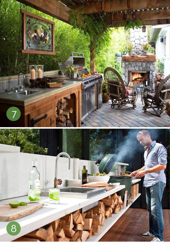 An outdoor kitchen with lots of wood.
