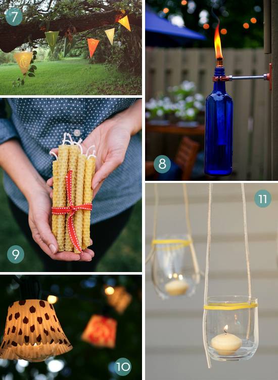 Several views of different candles and backyard trinkets.