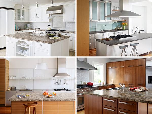 Different kitchen areas have island counters in them.