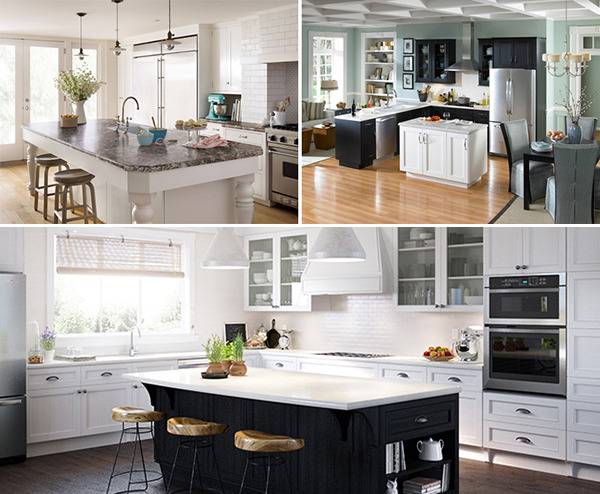 Three different settings show modern kitchens.
