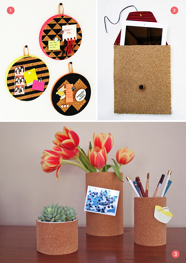 Using cork to create iPad cases, and cork cups for pens or flowers.