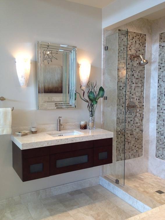 A bathroom with a raised vanity, a walk in shower with a marble backing and a green plant on the vanity.