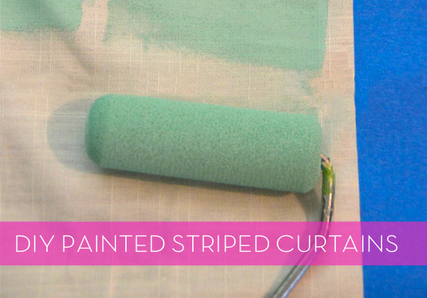 A lime green paint roller paints on white curtains.