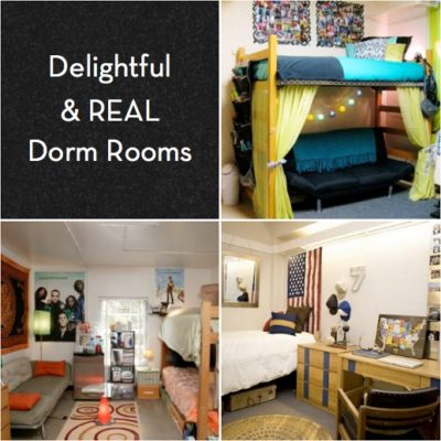 A dorm room with a bunkbed with blue cover and yellow curtains, a dorm room with orange accent pieces and a dorm room with an American flag hanging over the bed.