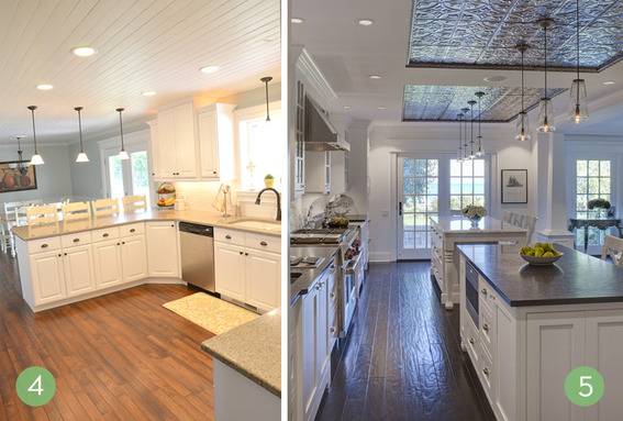 A kitchen from two angels, with mostly white walls and handing lights.