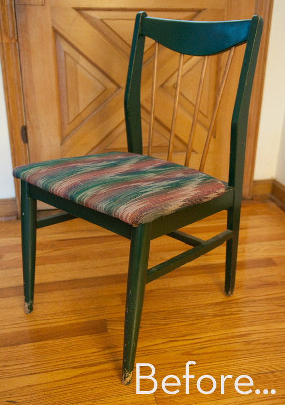 A dining chair is green except for wood-color back slats.