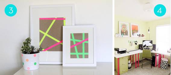 A couple of framed abstract art pieces and a bedroom that is artistically designed.