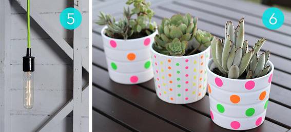 Three potted plants with colorful dots.