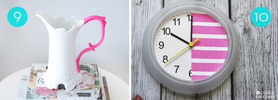 A clock that is white and pink, and a matching pitcher.