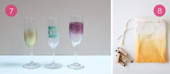 Different colored wine glasses, and an ombre canvas bag.
