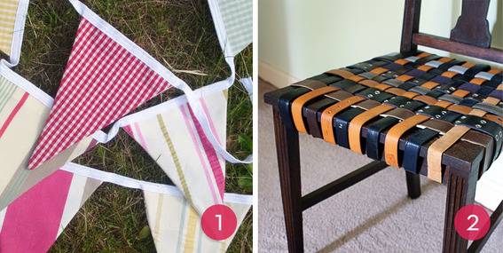 Pennant streamers and a chair covering are made of strips of cut materials.