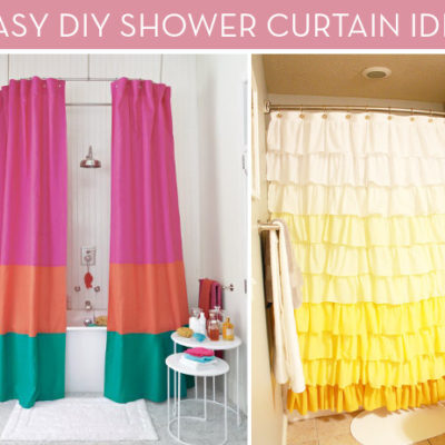 Shower tubs have brightly colored shower curtains.