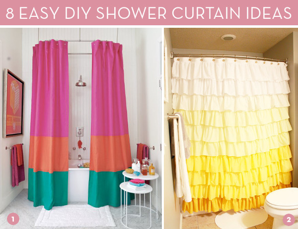 Shower tubs have brightly colored shower curtains.