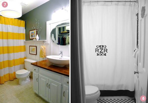 A white and yellow curtain covers the shower in a bathroom with grey walls.