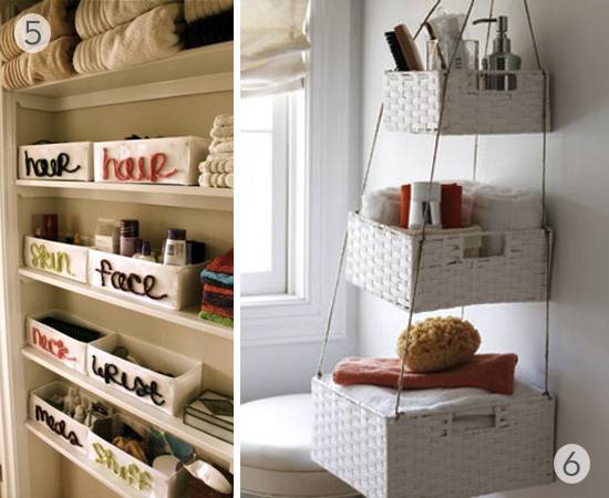 A pantry of items in labeled baskets and a trio of white hanging baskets in a bathroom.
