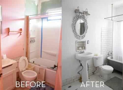 A pink bathroom that is then painted white in an "after" picture.