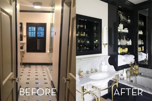 Black inset medicine cabinet near a white sink with brass finishes near a black towel cupboard in a bathroom.