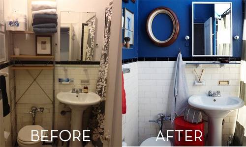 A before and after shot of a bathroom in which the after has blue paint.
