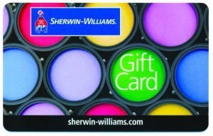 A Sherwin-Williams gift card shows cans of different colors of paint.