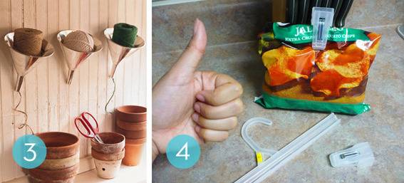 Two pictures show flower pot crafts next to hanger clamps.