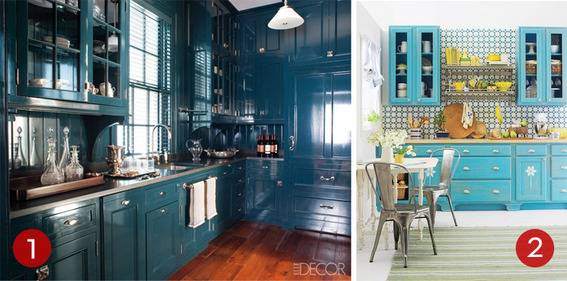 A kitchen that is well stocked, with all of the wood being died blue.