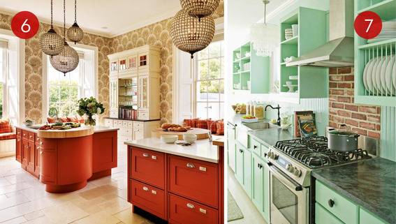 Two kitchens are styled in different ways.