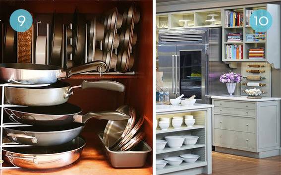 Pans stacked in pan holder next to container with lids.