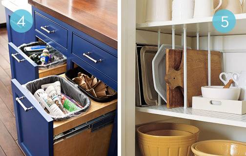 Garbage cans nestled inside roll out drawers next to shelves with pans.